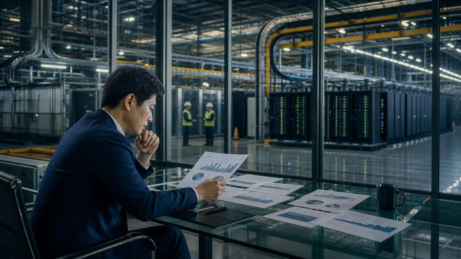 AI 資料中心旁的投資研究員檢視資本支出模型