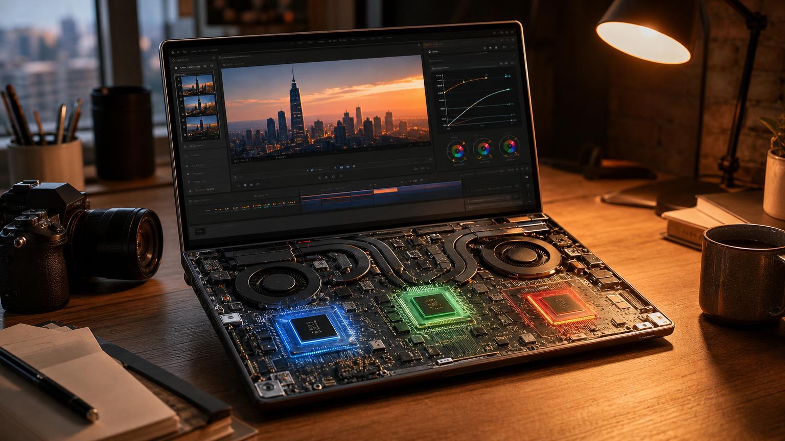 創作者筆電內部以三個運算區塊呈現 CPU、GPU 與 NPU 分工