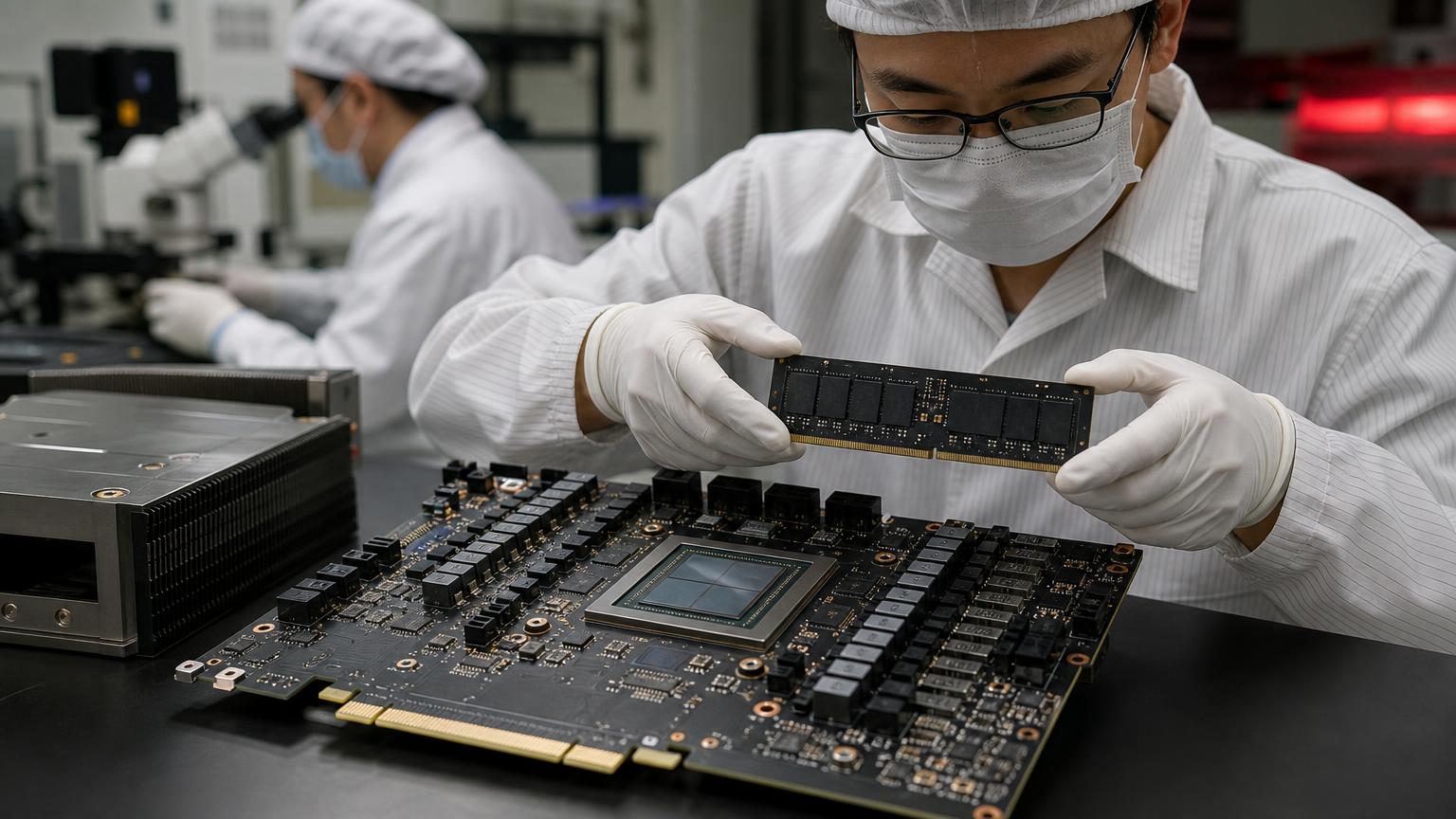 工程師在實驗室檢視 AI 加速器與次世代記憶體模組