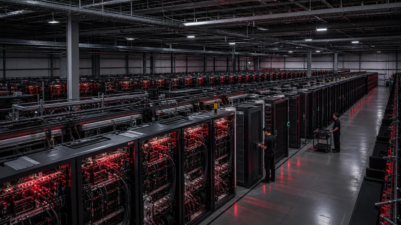 大型液冷 GPU 資料中心內排列密集的 AI 伺服器機櫃
