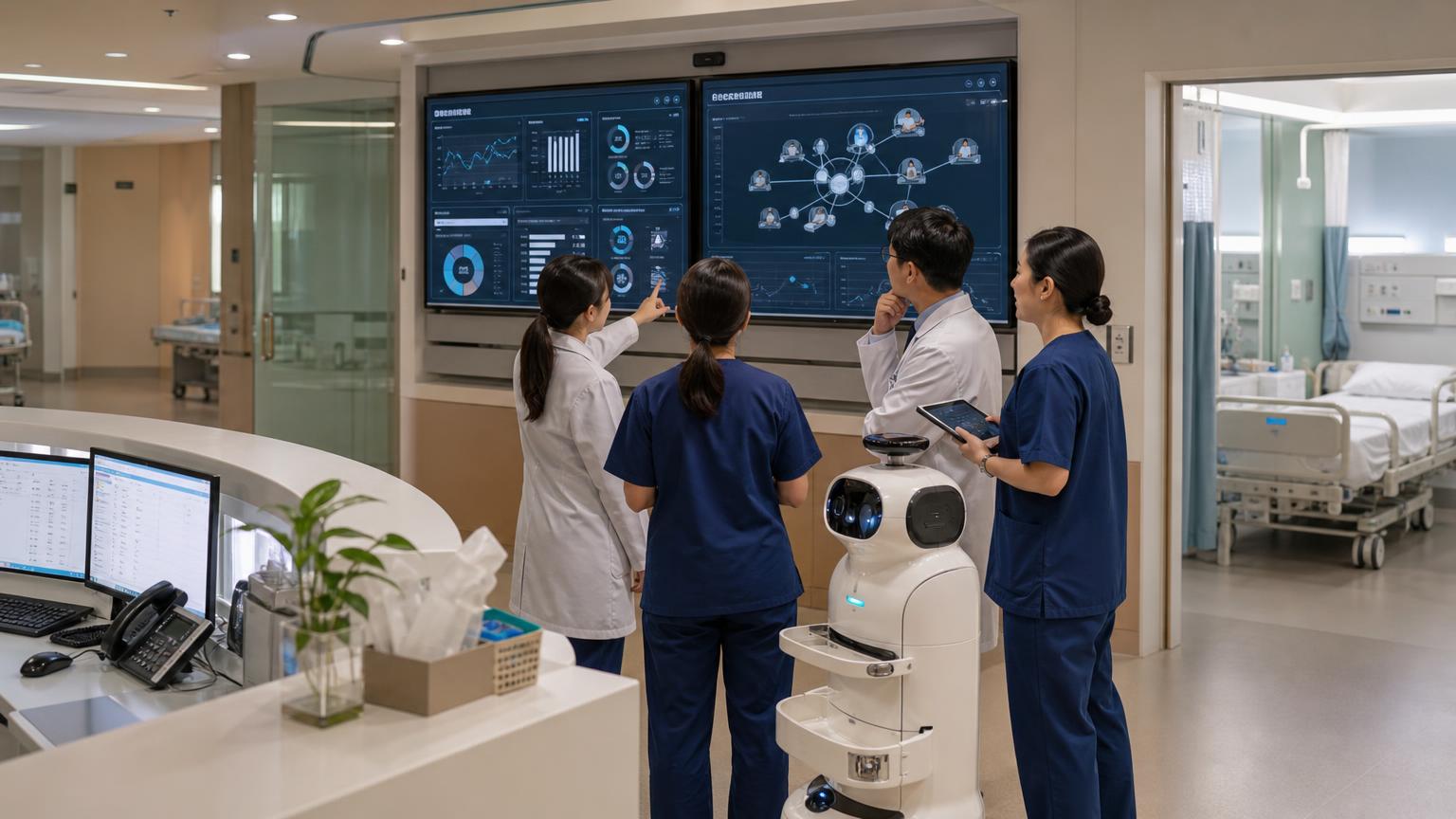 台灣醫院團隊查看 AI 輔助照護流程，旁邊有護理協作機器人