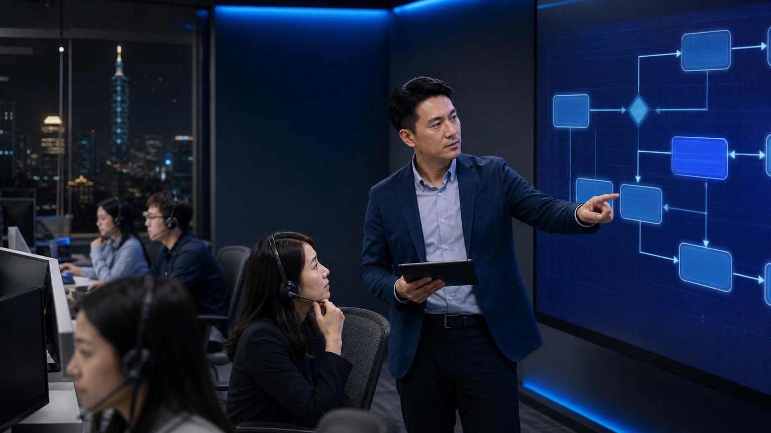 台北企業客服中心內，主管審核 AI 輔助代理的服務流程