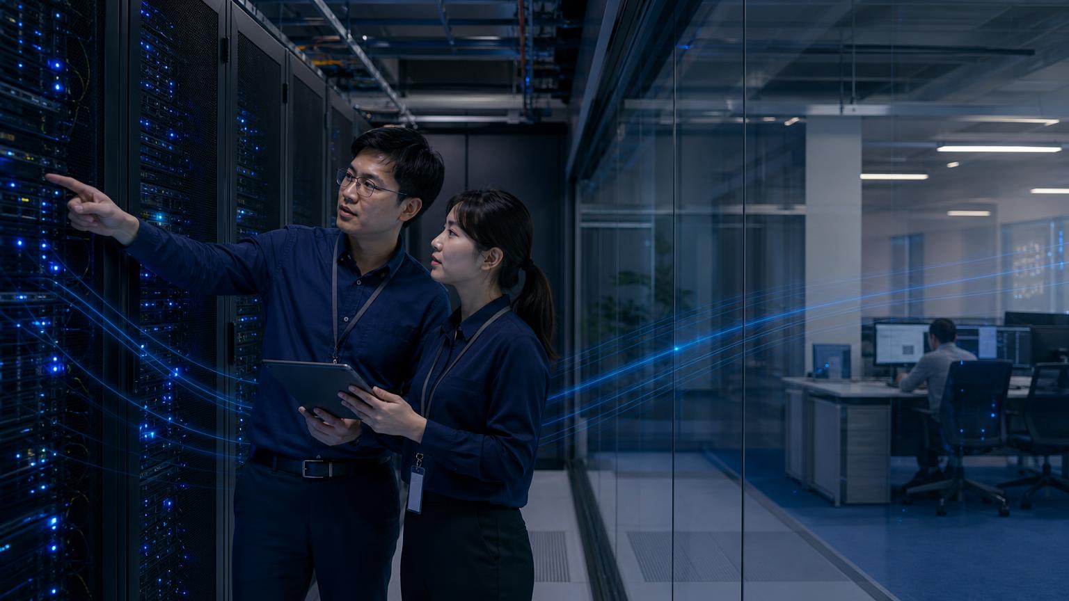 企業資料中心內，IT 架構師檢查地端 AI 代理部署