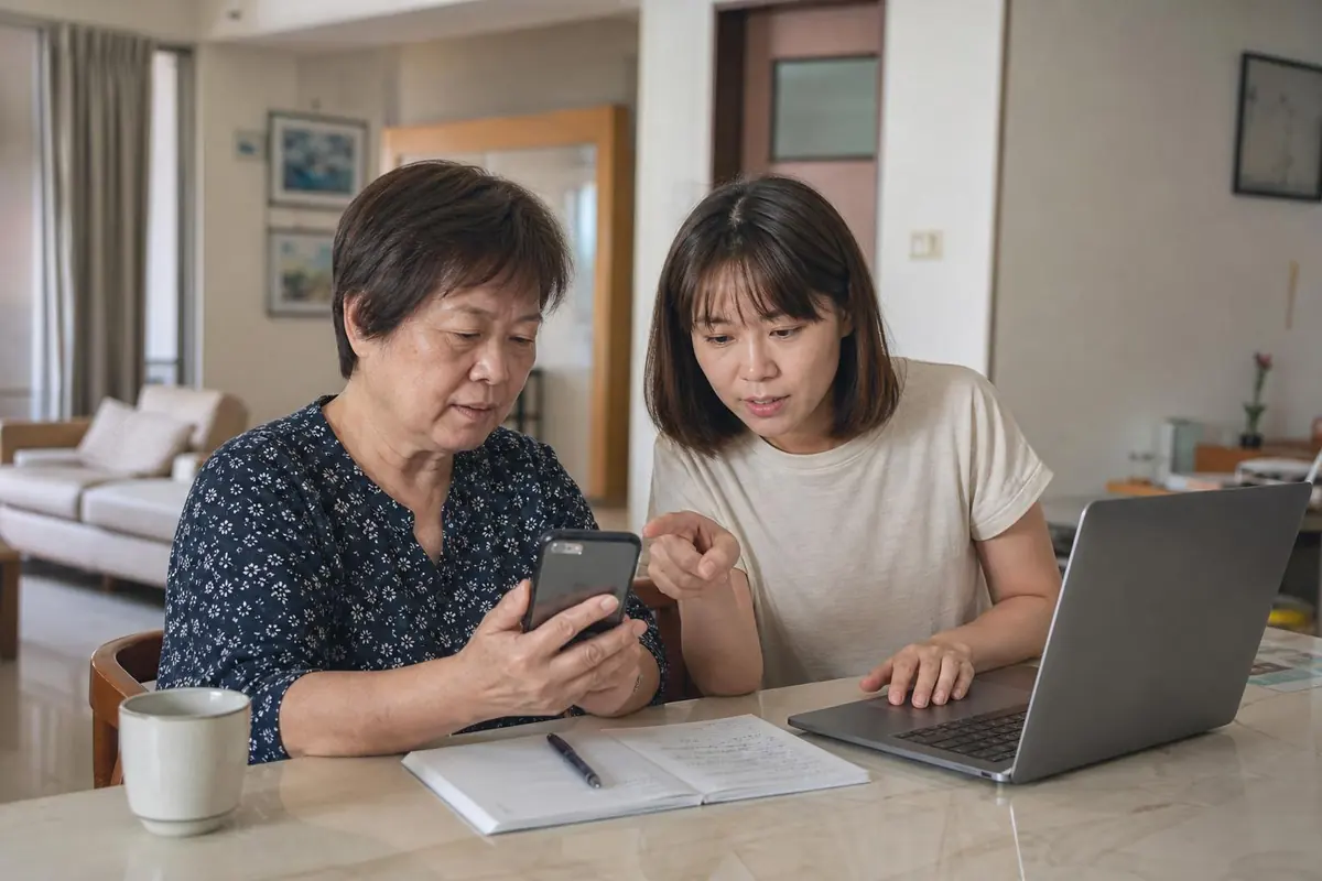台灣母女在家中暫停可疑政府補助訊息，改用筆電與紙筆獨立查證