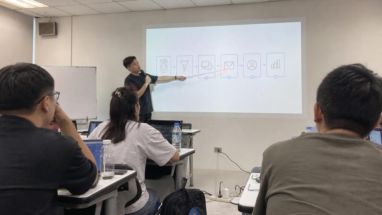 老師在普通教室用投影逐段拆解六模組獲客流程